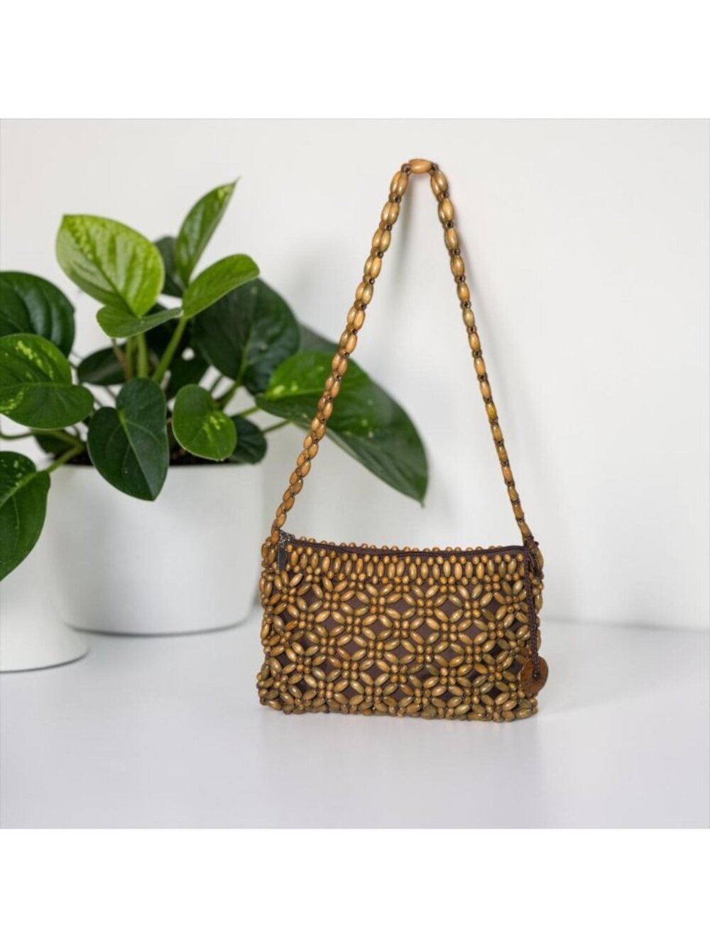 VTG The Sak Bora Bora Wooden Beaded Shoulder Bag Beige Brown Hobo Y2K Boho Beach - Picture 2 of 10